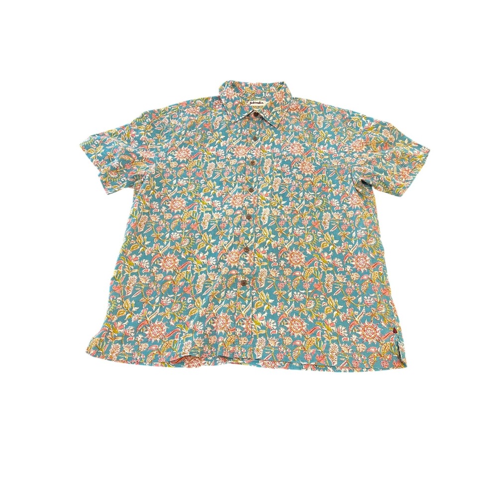 Fabindia Mens L Bush Shirt Straight  Floral Block Print Short Sleeve Teal‎ Pink